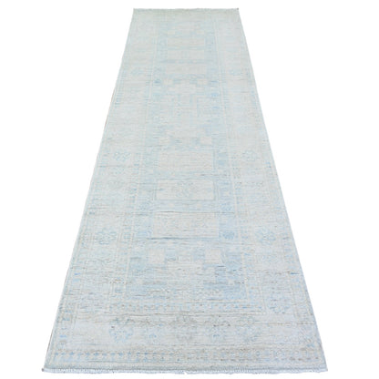 3'1"X10' Spanish Gray Washed Out Peshawar Wool Hand Knotted Runner Rug