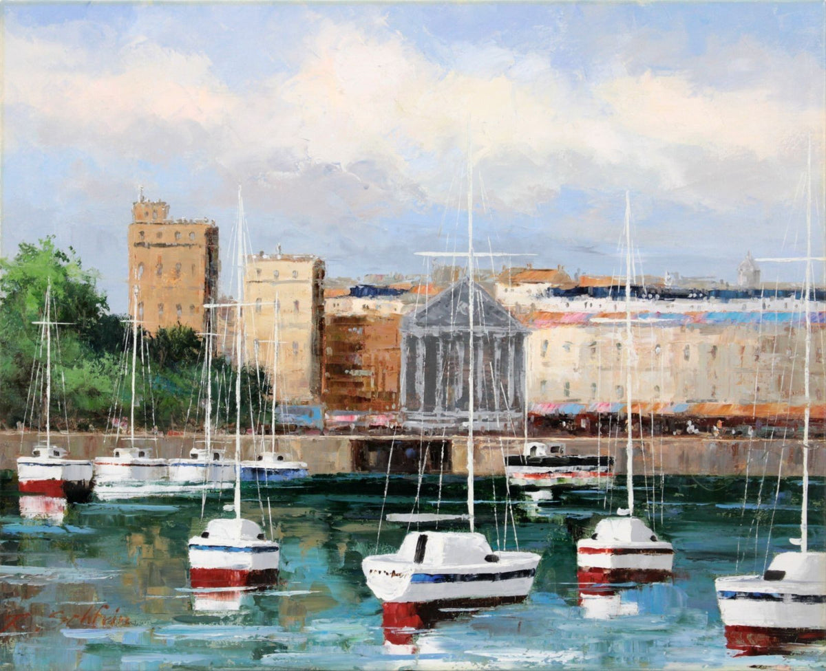 Ralf Schfrin French Marina Harbor Oil Painting Signed Framed F15 Canvas