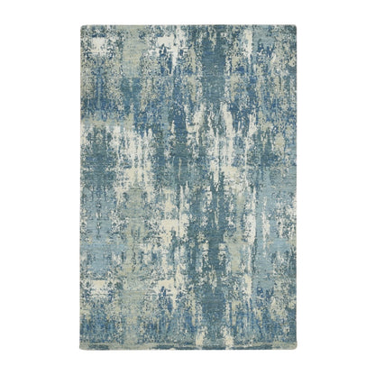 4'1"X6'2" Light Blue Hand Knotted Abstract Design Pure Silk And Wool Rug