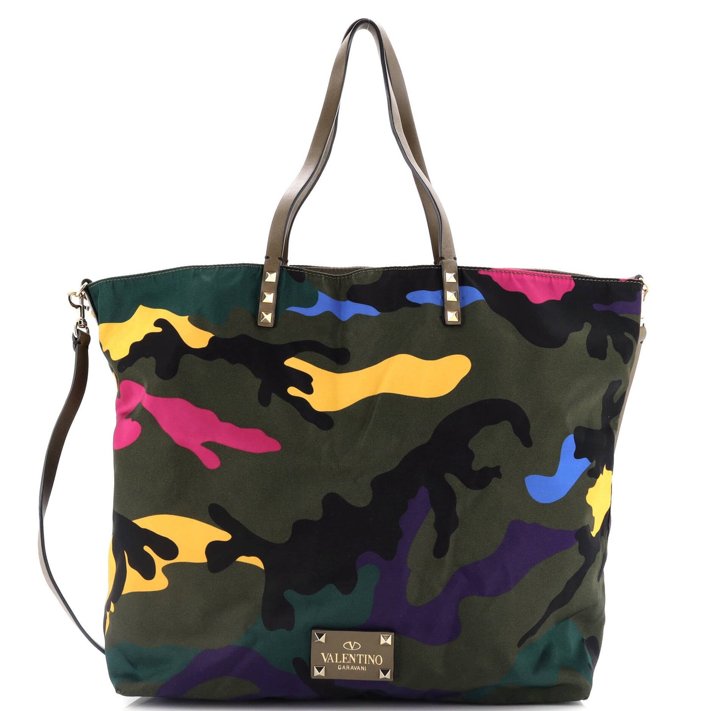 Valentino Garavani Rockstud Open Reversible Convertible Tote Camo Nylon Medium