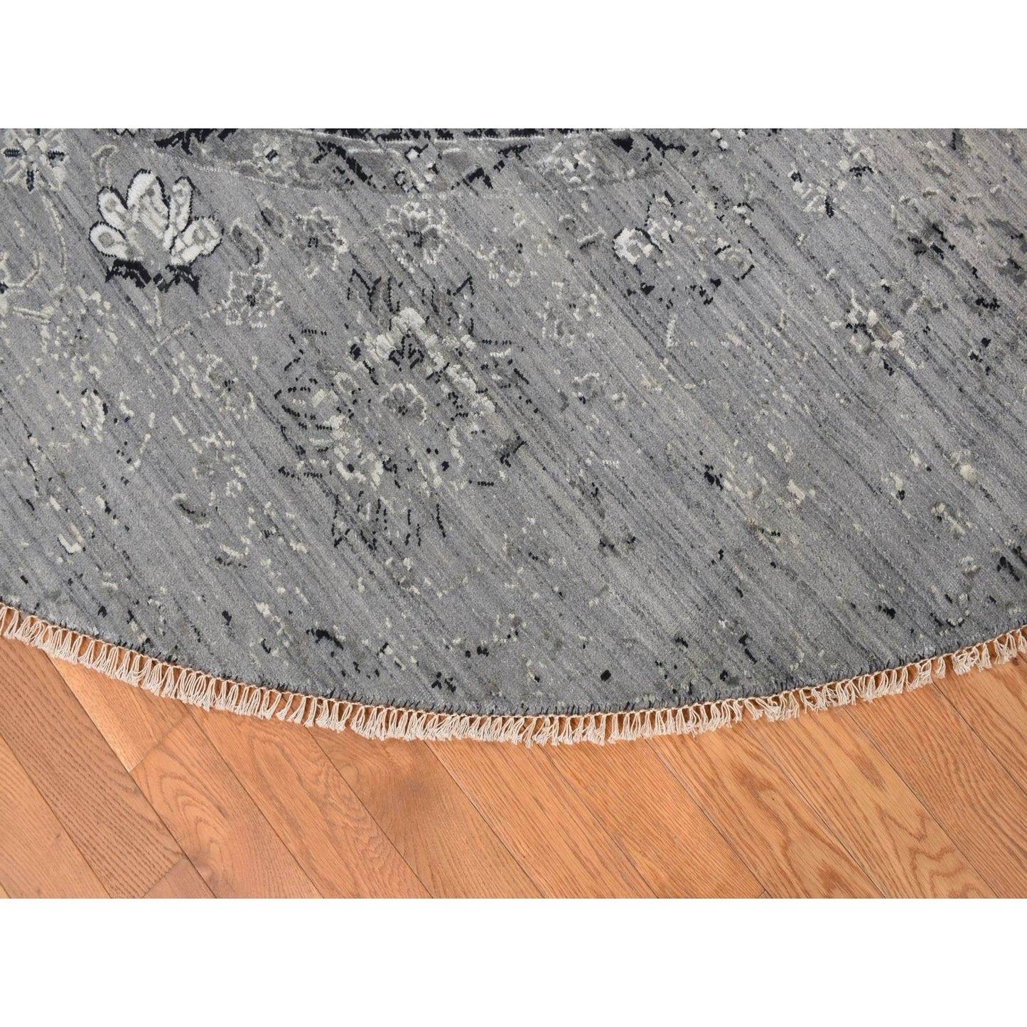 12'X12' Gray Broken Zoroastrian Design Silk/Wool Hand Knotted Round Rug