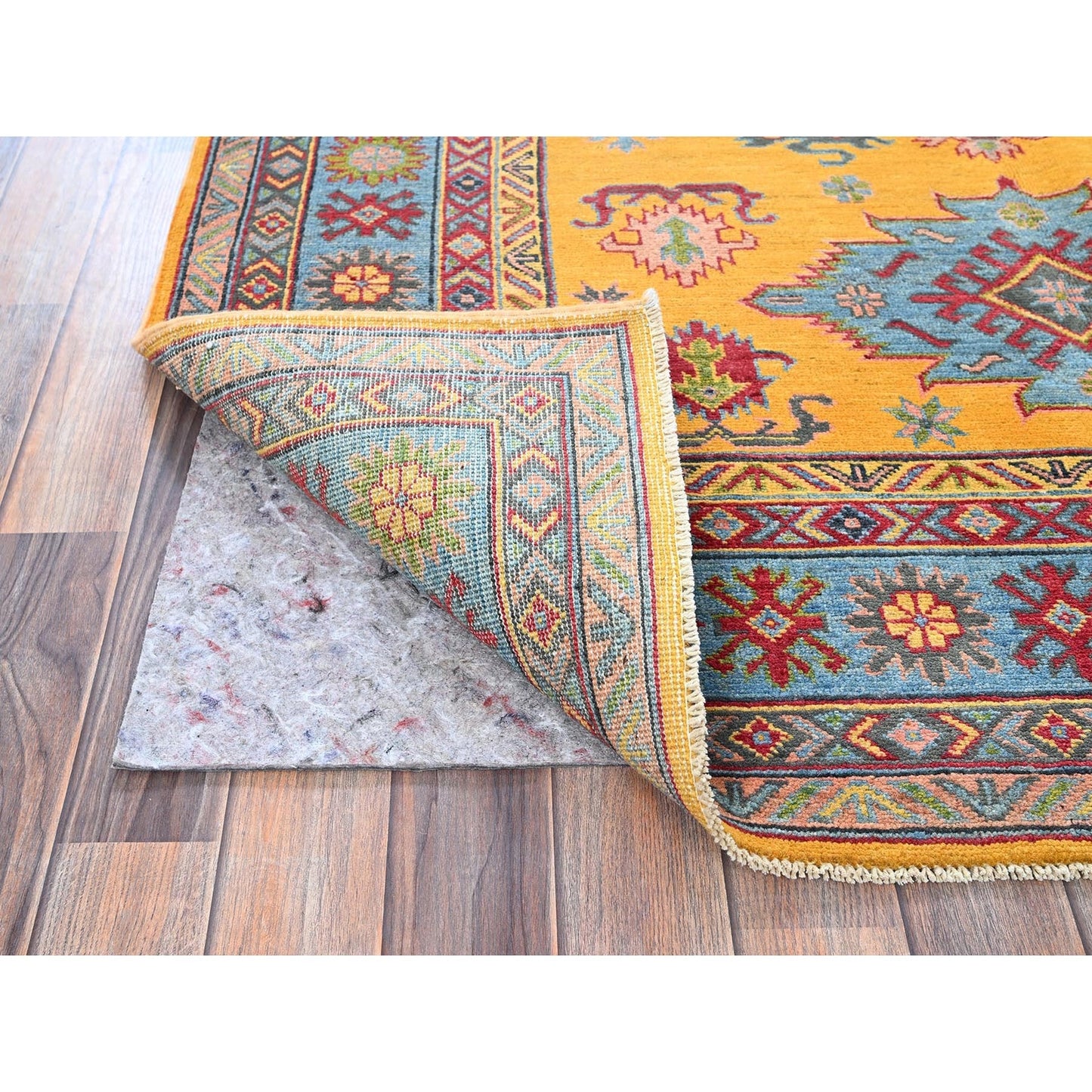 5'2"X6'7" Yellow Kazak With Geometric Design Hand Knotted Soft Wool Rug