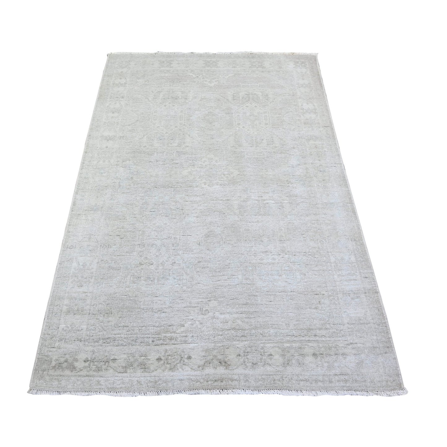 4'X5'9" Gainsboro Gray White Wash Peshawar Wool Hand Knotted Oriental Rug