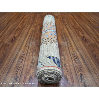 2'10"X9'7" Tan Color Anatolian Village Inspired Wool Hand Knotted Rug