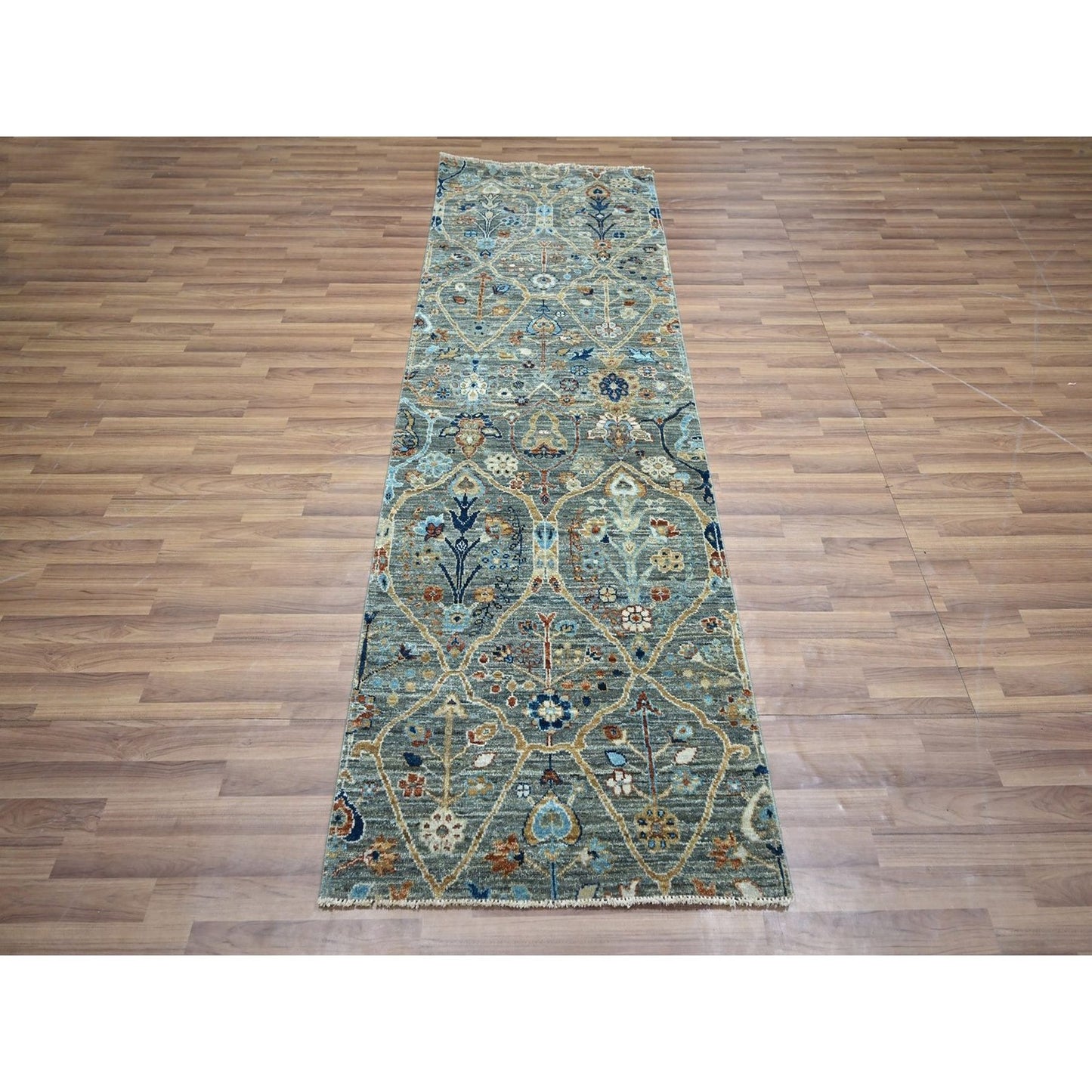 2'8"X8'1" Green Hand Knotted Wool Rug Trellis Borderless Garden Design