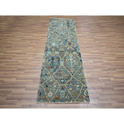 2'8"X8'1" Green Hand Knotted Wool Rug Trellis Borderless Garden Design