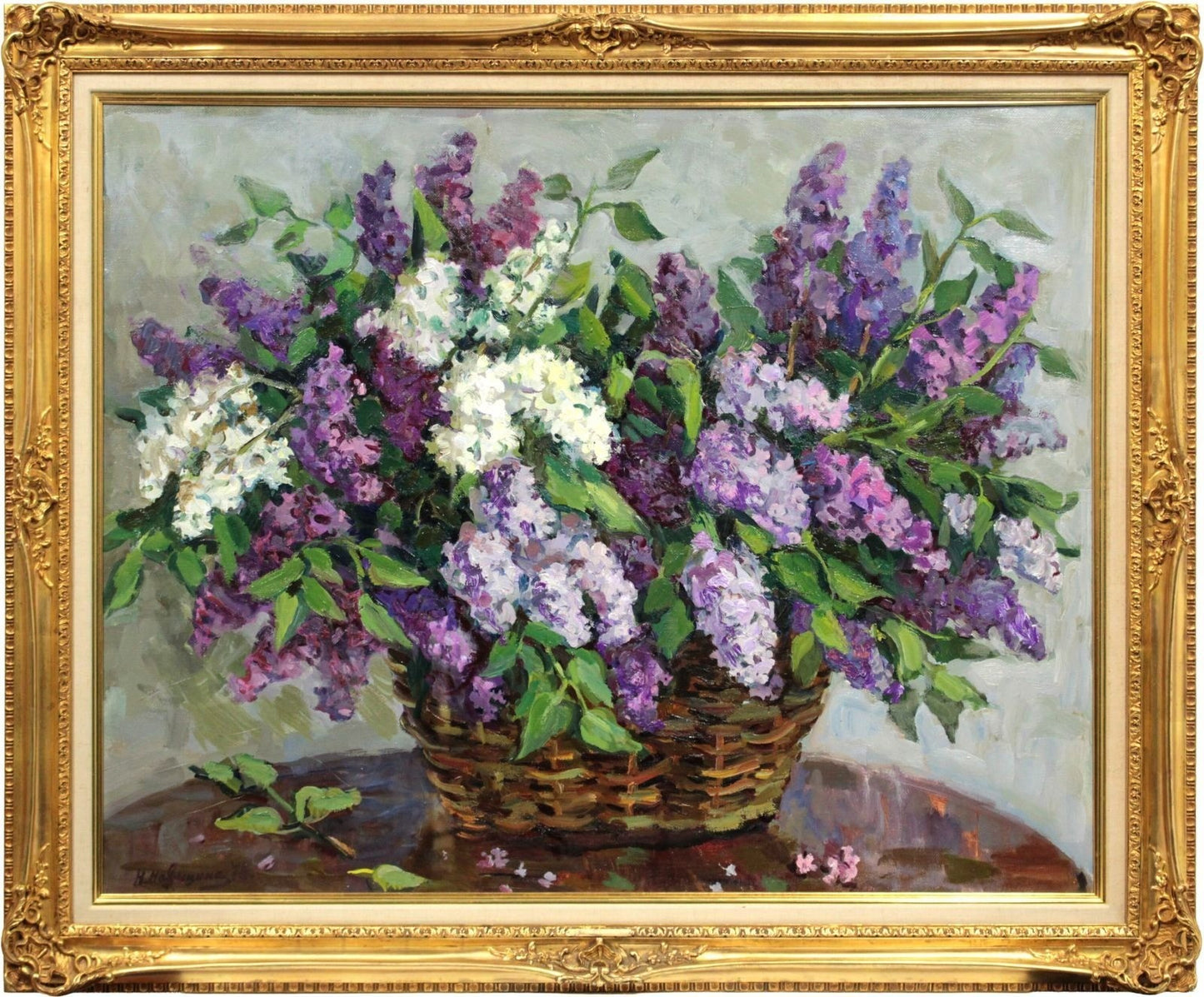 Natalia Navashina Krandievskaya Lilacs In A Basket Soviet Oil Painting Signed