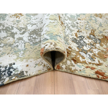 6'X9'3" Blue With Beige Abstract Galaxy Design Pure Wool Hand Knotted Rug