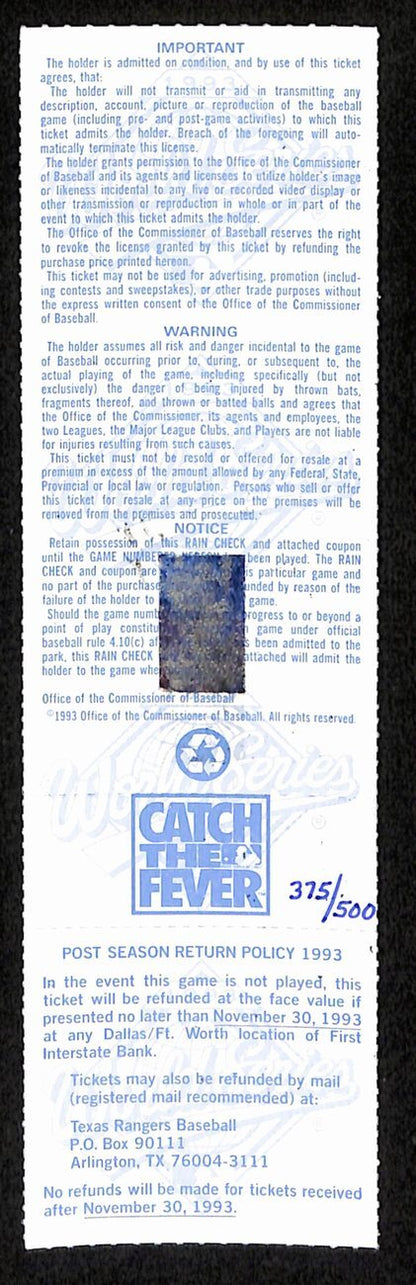 Nolan Ryan Rangers Signed 1993 World Series Game