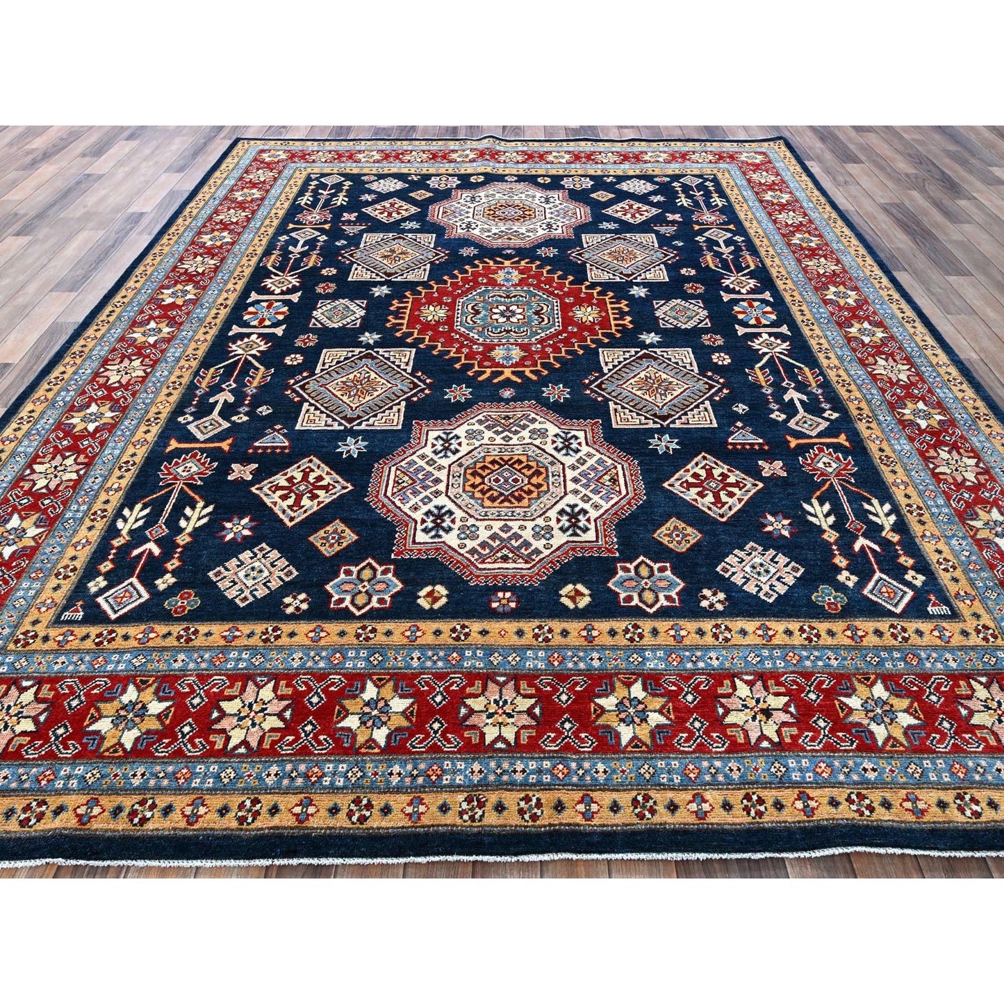 8'X9'10" Navy Afghan Special Kazak Geometric Design Wool Hand Knotted Rug