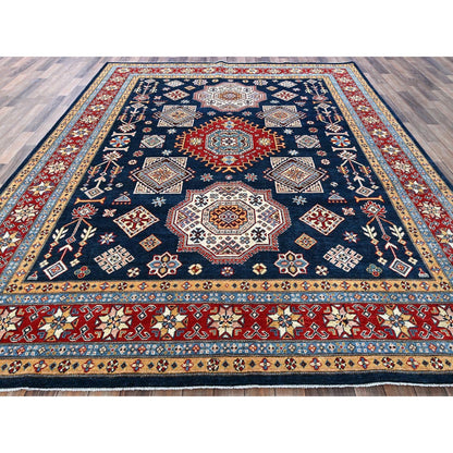 8'X9'10" Navy Afghan Special Kazak Geometric Design Wool Hand Knotted Rug