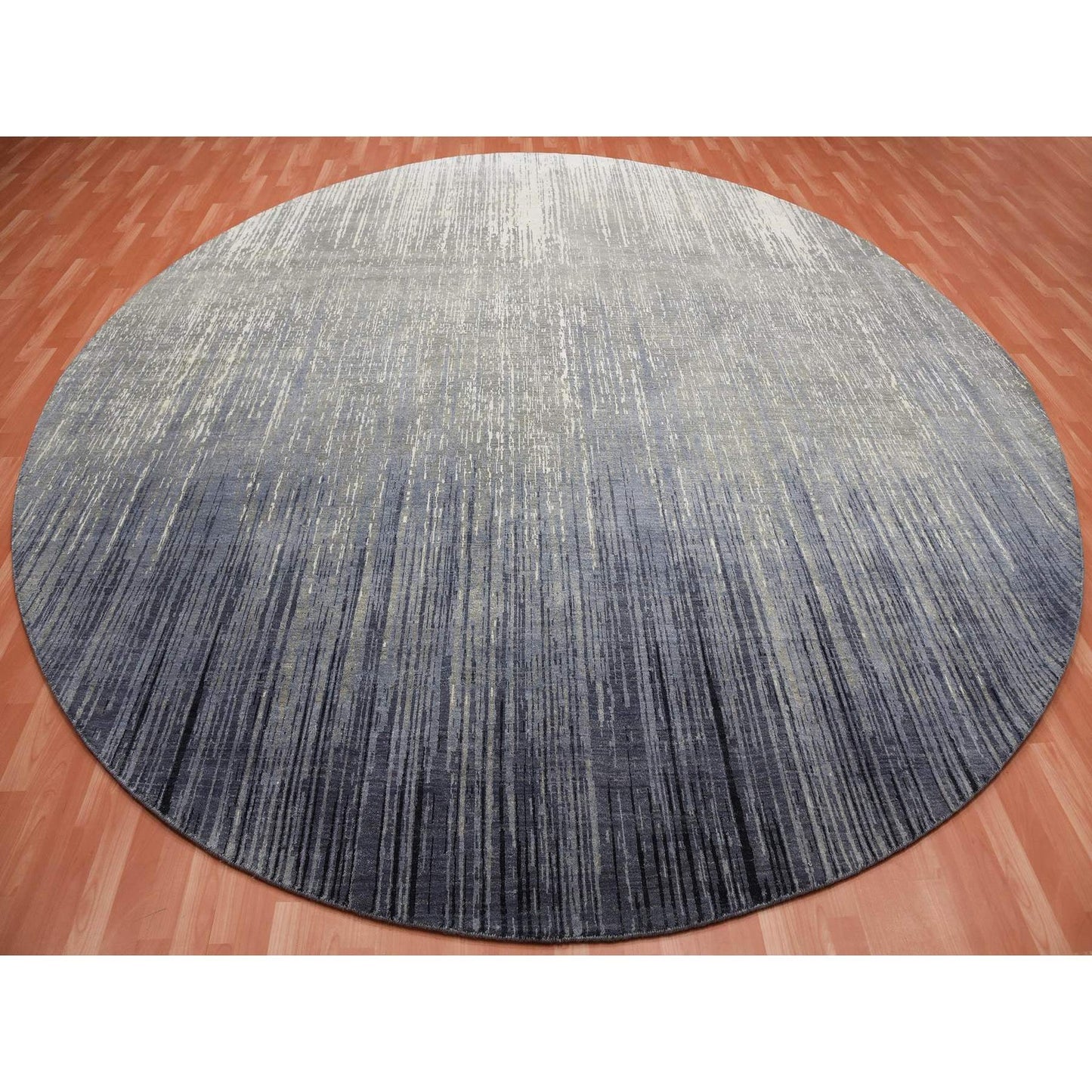 12'1"x12'2" Gray and Black Hand Knotted Modern Ombre Pure Wool Round Rug