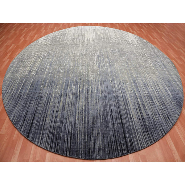 12'1"x12'2" Gray and Black Hand Knotted Modern Ombre Pure Wool Round Rug