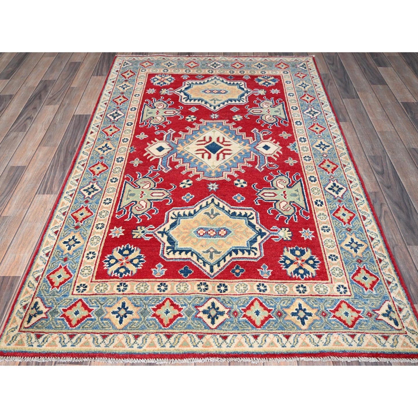 4'1"X6'1" Red Kazak Geometric Medallions Design Hand Knotted Soft Wool Rug