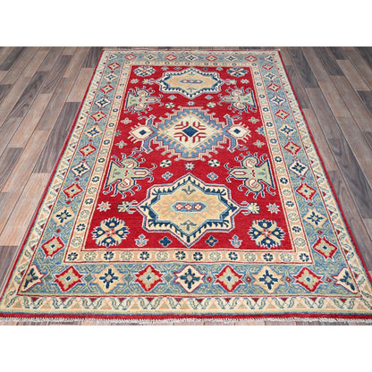 4'1"X6'1" Red Kazak Geometric Medallions Design Hand Knotted Soft Wool Rug