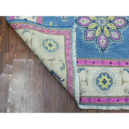 4'X6'4" Colorful Blue Fusion Kazak Pure Wool Hand Knotted Oriental Rug