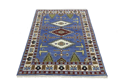 Hand-Knotted Kazak Oriental Rug 4X6 Ft Blue