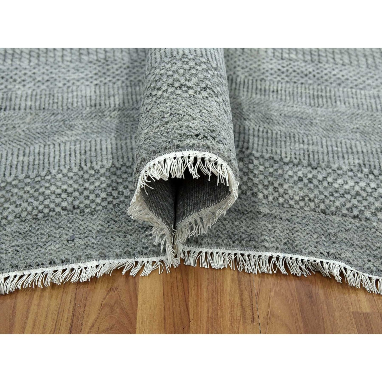 8'X10' Ash Gray Wool And Silk Hand Knotted Grass Design Oriental Rug