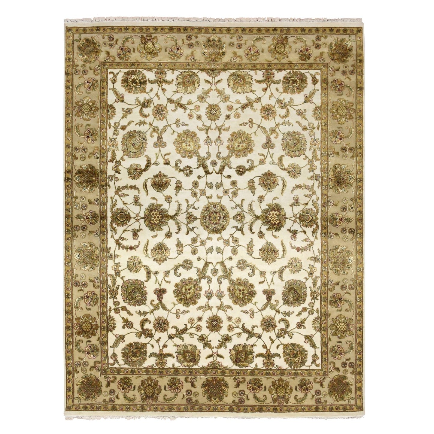 7'8"X10' White Rajasthan With Leaf Design Wool And Silk Hand Knotted Rug