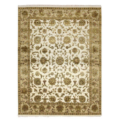 7'8"X10' White Rajasthan With Leaf Design Wool And Silk Hand Knotted Rug