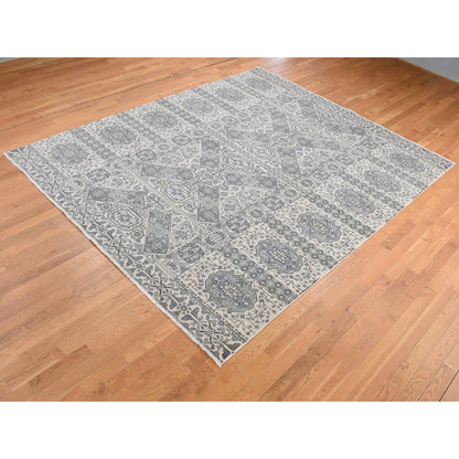 8'2"X10'5" Gray Ottoman Mamluk Design Hand Knotted Undyed Wool Rug