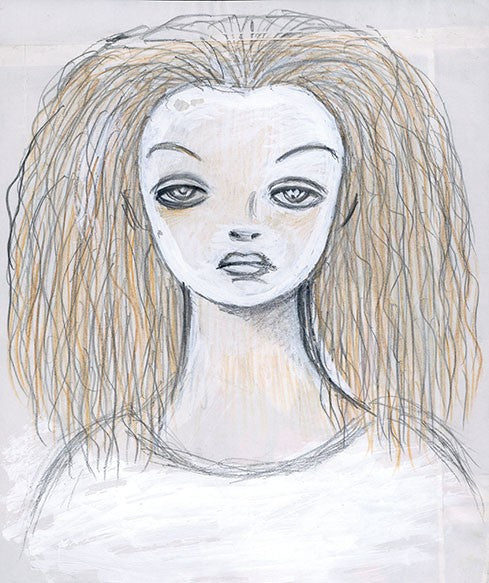 Rune Naito Original Pencil Drawing Woman with Wavy Hair Japanese Art