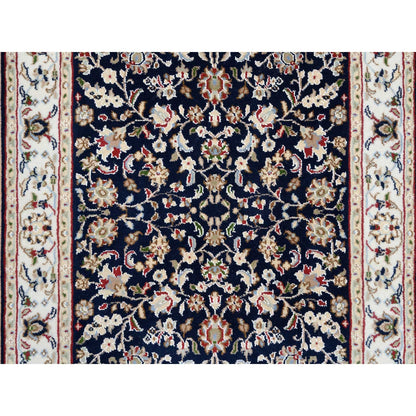 2'9"X14' Midnight Blue Nain Flower Design Wool Hand Knotted Runner Rug