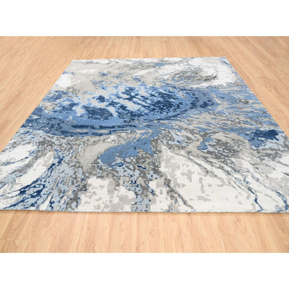 10'1"X10'1" Blue Abstract Design Wool And Silk Hand Knotted Square Rug