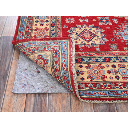 5'X6'4" Scarlet Red Kazak With Geometric Design Hand Knotted Pure Wool Rug