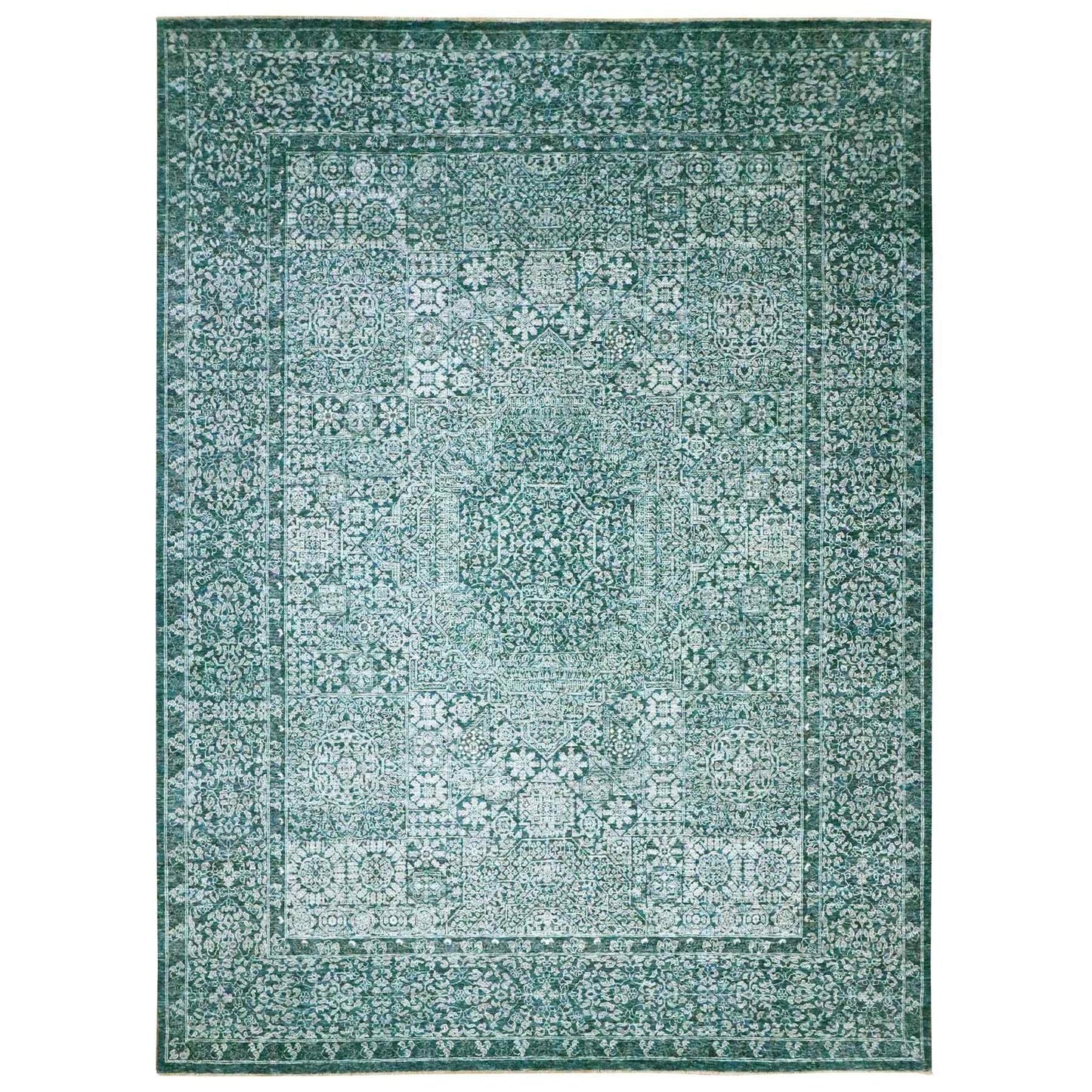 9'X12'1" Teal Pre Historic Mamluk Design Hand Knotted Wool Oriental Rug