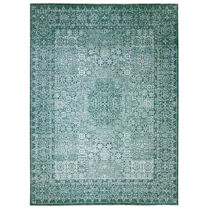 9'X12'1" Teal Pre Historic Mamluk Design Hand Knotted Wool Oriental Rug