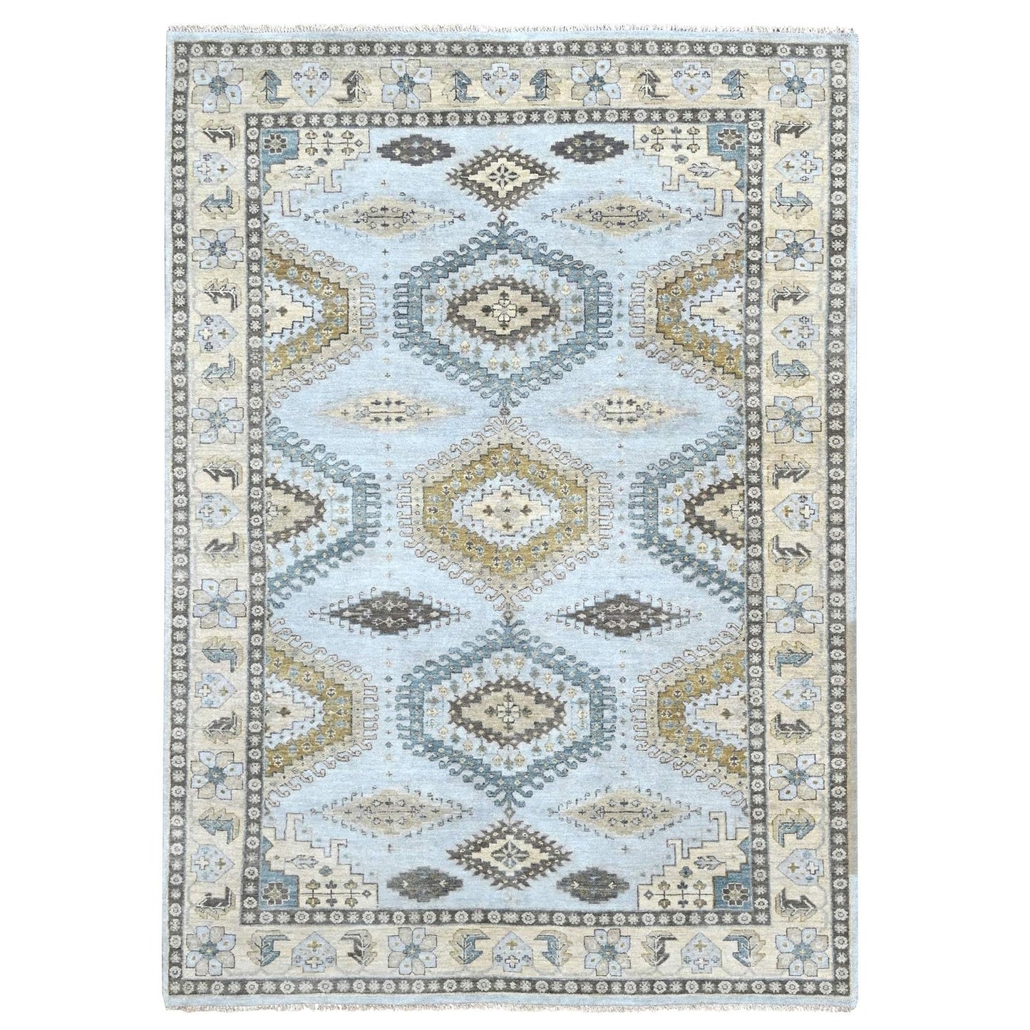 6'2"X9'1" Gray Zoroastrian Village Inspired Pure Wool Hand Knotted Rug