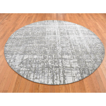8'2"X8'2" Gray Wool And Silk Abstract Design Hand Knotted Round Rug