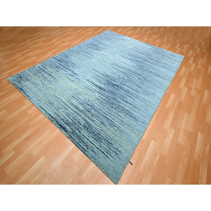 8'1"X10'4" Denim Blue Horizontal Ombre Design Pure Wool Hand Knotted Rug