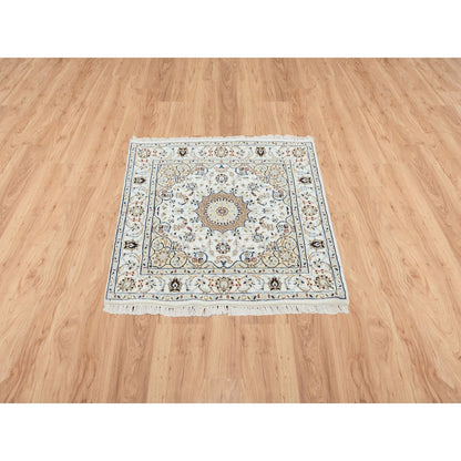 3'1"X3'1" Ivory 250 Kpsi Nain Pure Wool Hand Knotted Square Oriental Rug