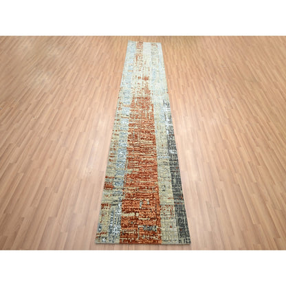 2'7"X11'10" Beige With Rust Abstract Design Wool Hand Knotted Runner Rug