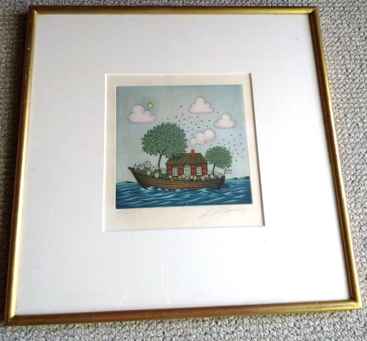 Volker Khn Etching Floating House On Boat Signed 204/300 Framed German Art