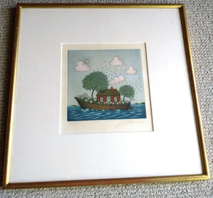 Volker Khn Etching Floating House On Boat Signed 204/300 Framed German Art
