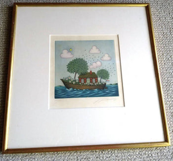 Volker Khn Etching Floating House On Boat Signed 204/300 Framed German Art