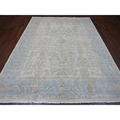 8'2"X10' White Afghan Peshawar Heris All Over Motif Hand Knotted Wool Rug