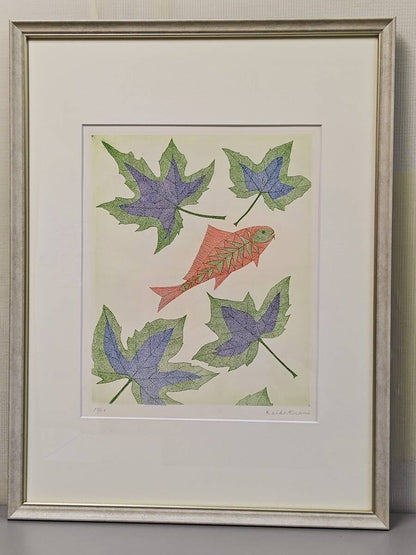 Minami Keiko: Leaves and Red Fish Etching Framed Japanese Art Print Ed50