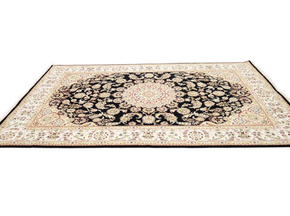Handmade Black Indo-Nain Wool Rug 6x9 ft Floral Design Oriental Carpet