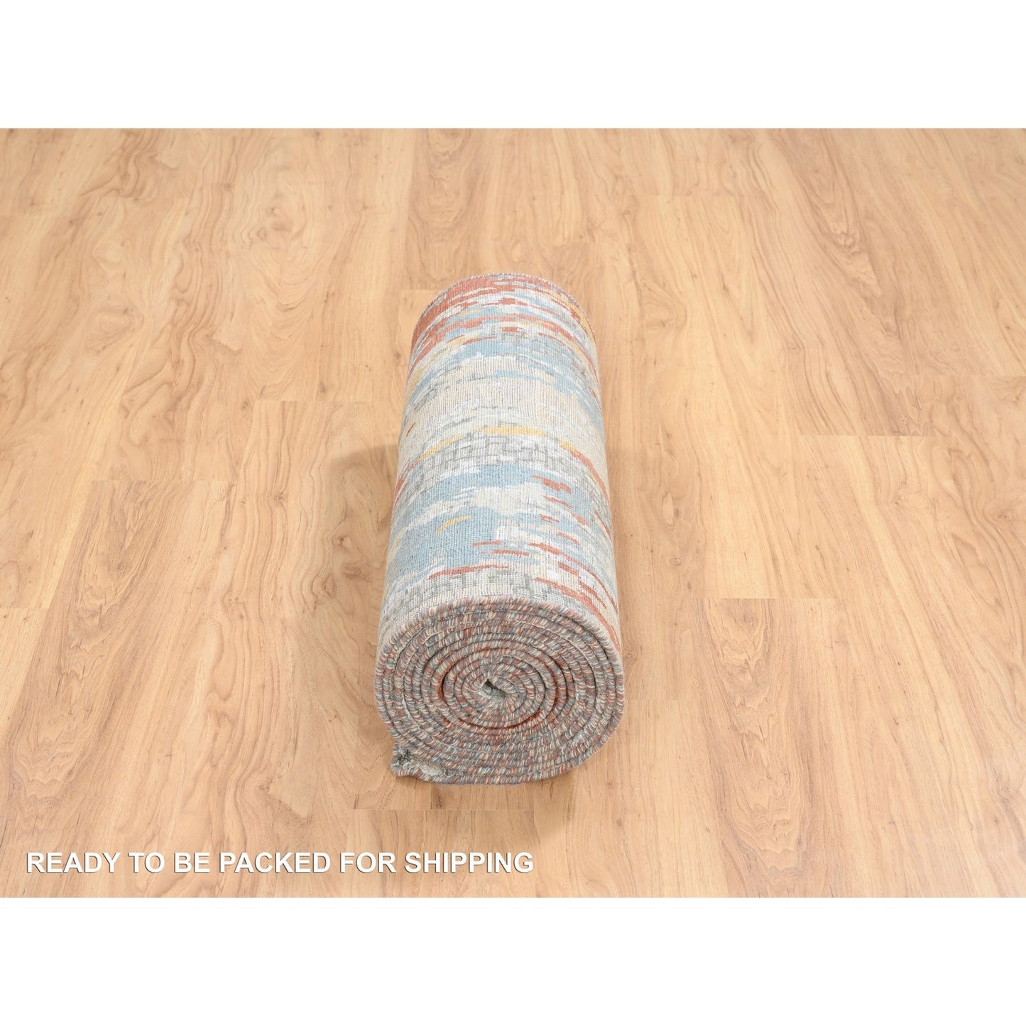 2'6"X17'8" Cream Hand Knotted Abstract Design Wool And Silk Xl Runner Rug