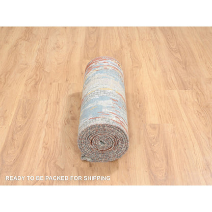 2'6"X17'8" Cream Hand Knotted Abstract Design Wool And Silk Xl Runner Rug