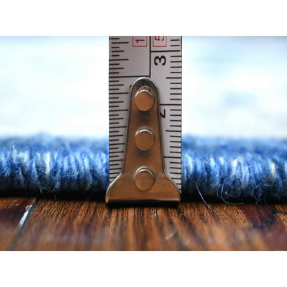 4'X10'3" Denim Blue Hand Knotted Fine Peshawar Wool Wide Runner Rug