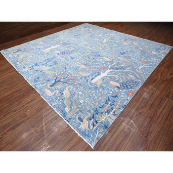 12'X12' Blue Afghan Peshawar Birds Paradise Wool Hand Knotted Square Rug