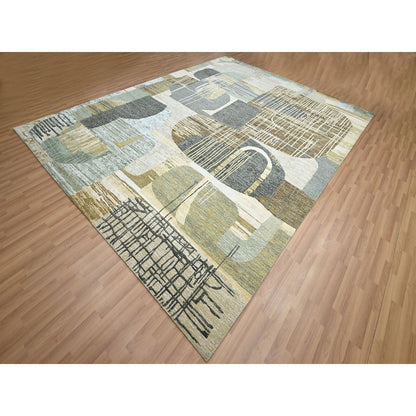 9'X11'9" Gray-Brown Abstract Geometric Pattern Hand Knotted Pure Wool Rug