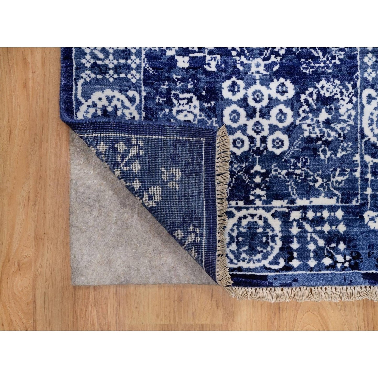 2'6"X6' Ensign Blue Wool And Silk Rug Tebraz With Leaf Design Hand Knotted