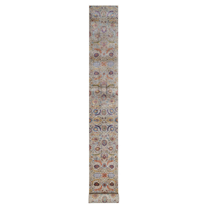 2'5"X26' White Silk With Wool Hand Knotted Sickle Leaf Design Runner Rug
