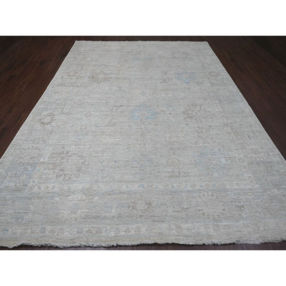 9'X11'10" Gray Afghan Angora Oushak Leaf Design Hand Knotted All Wool Rug